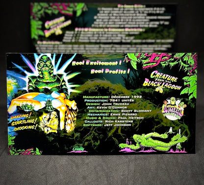 Instrucciones de las tarjetas del juego Bally Creature From The Black Lagoon (1992) y reglas impresas del delantal personalizado de pinball (versión 1)