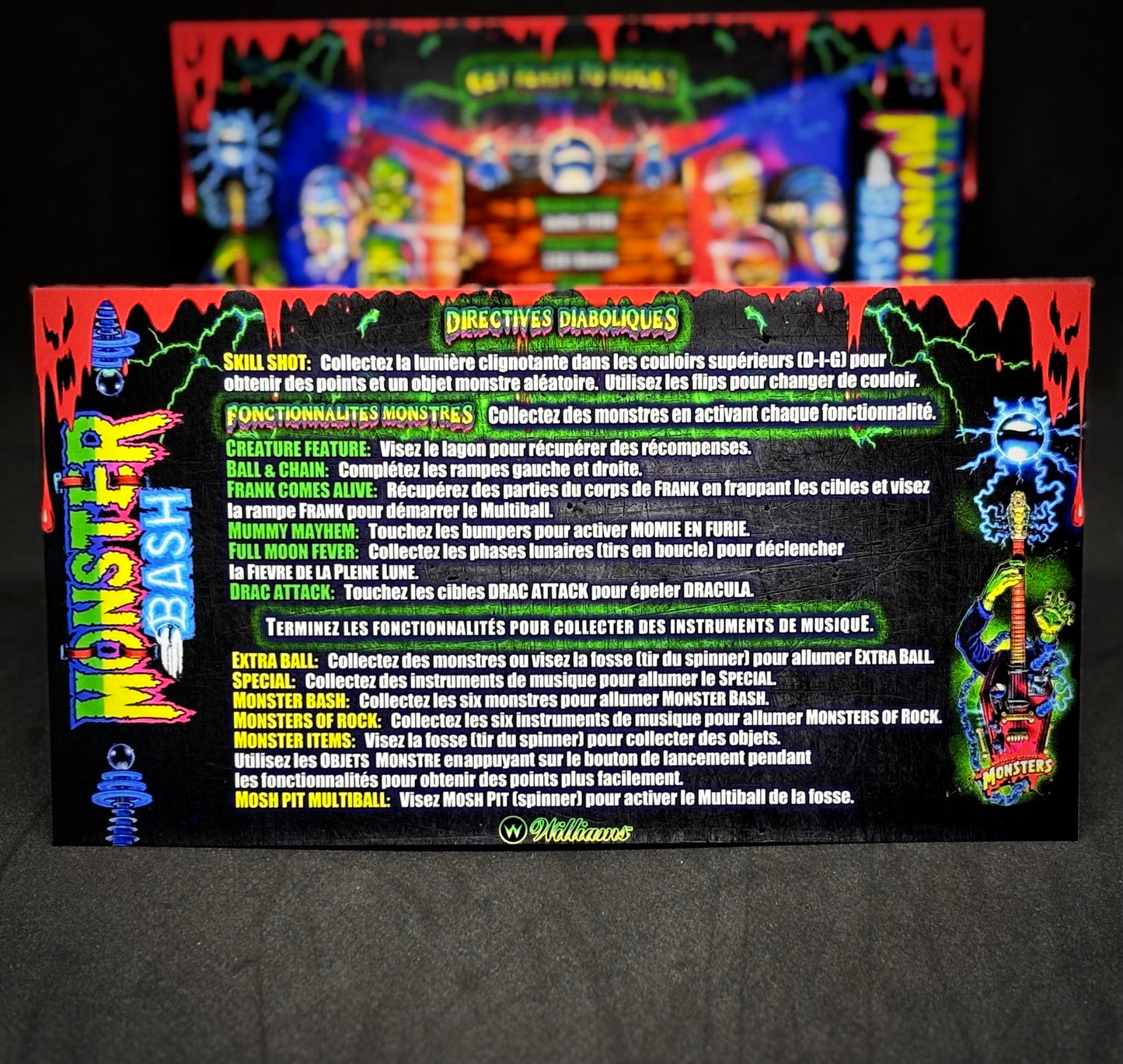 Williams Monster Bash 1998 Game Cards Instructions Pinball Custom Apron Printed Rules V1