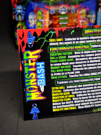 Instrucciones de las tarjetas del juego Williams Monster Bash 1998, delantal personalizado de pinball, reglas impresas V1