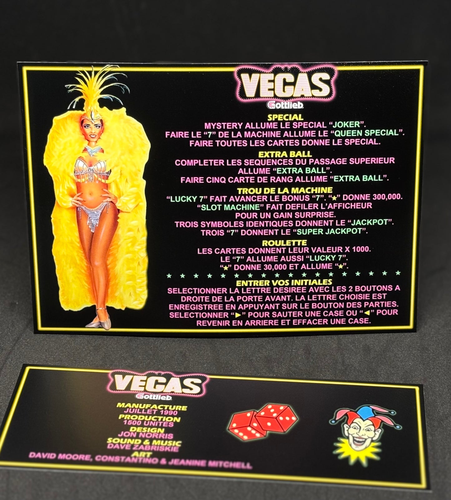 Gottlieb VEGAS 1990 Jeu Cartes Instructions Flipper Custom Apron règles imprimées V2