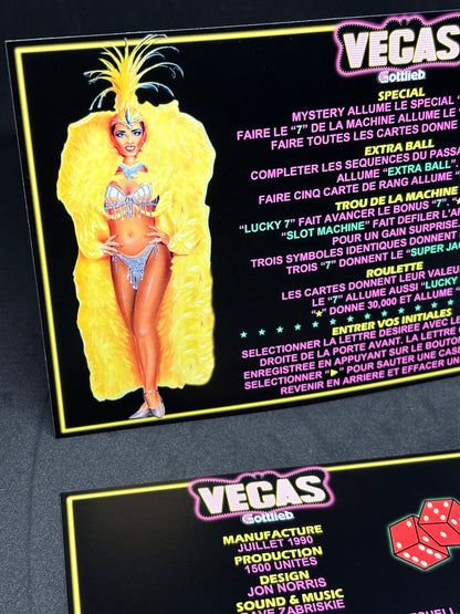 Instrucciones de las tarjetas de juego Gottlieb VEGAS 1990, delantal personalizado de pinball, reglas impresas V2
