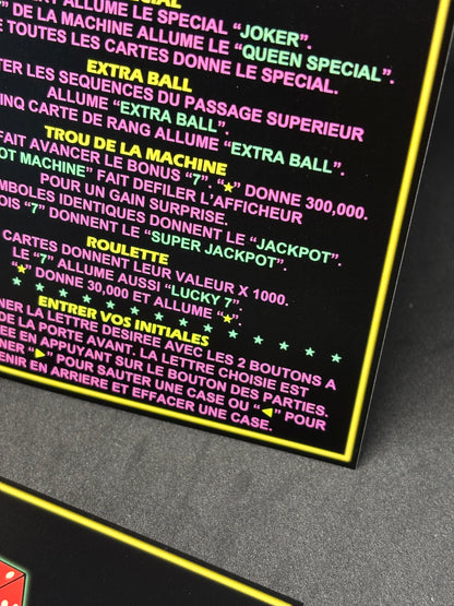 Instrucciones de las tarjetas de juego Gottlieb VEGAS 1990, delantal personalizado de pinball, reglas impresas V2