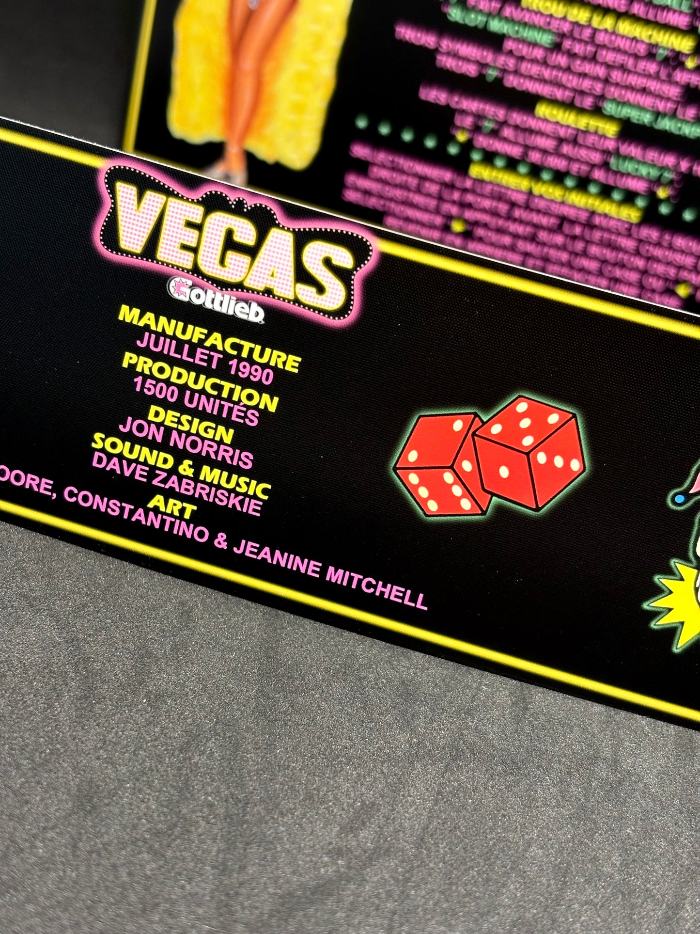 Gottlieb VEGAS 1990 Jeu Cartes Instructions Flipper Custom Apron règles imprimées V2