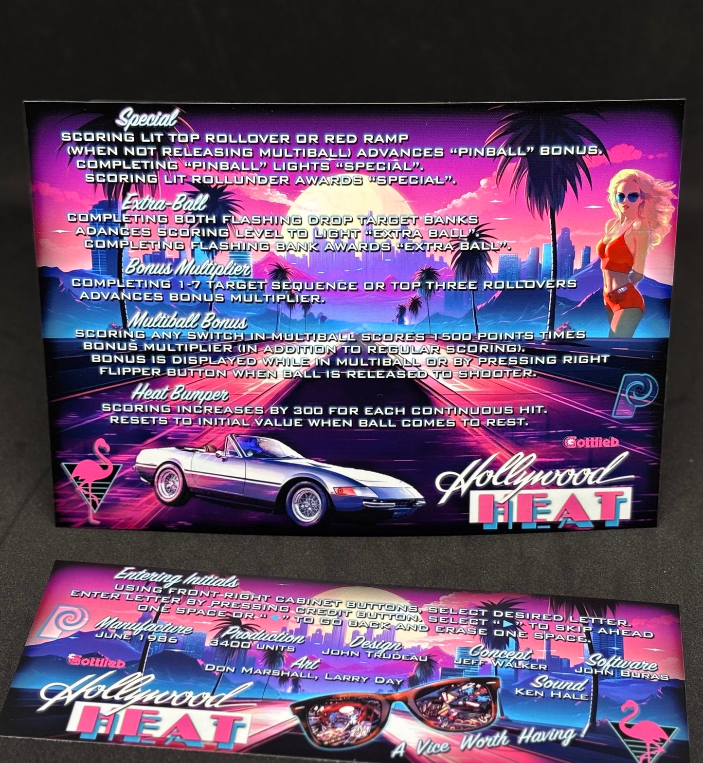 Instrucciones de las tarjetas del juego Gottlieb Hollywood Heat 1986 Pinball V1 Tarjetas de delantal de pinball con impresión personalizada