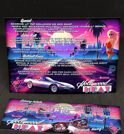 Instrucciones de las tarjetas del juego Gottlieb Hollywood Heat 1986, delantal personalizado de pinball, reglas impresas V1