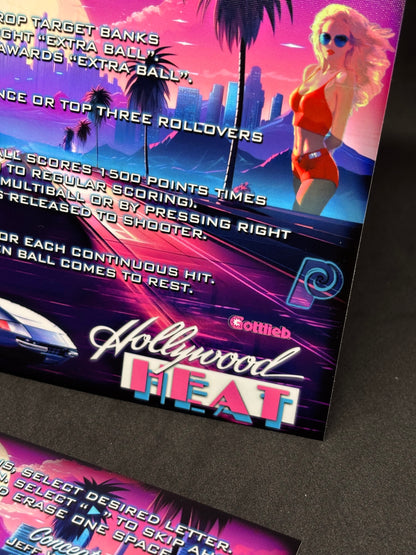 Instrucciones de las tarjetas del juego Gottlieb Hollywood Heat 1986, delantal personalizado de pinball, reglas impresas V1