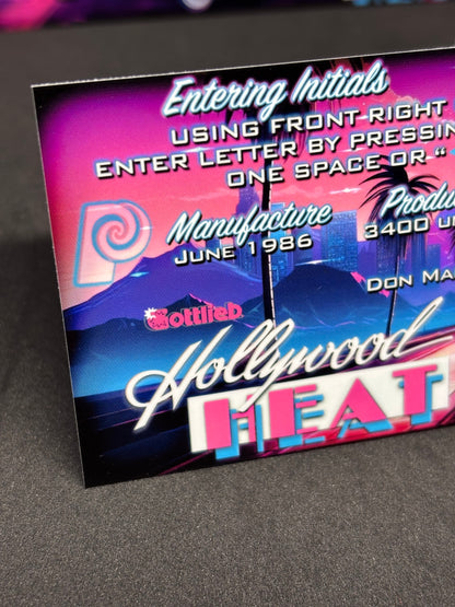 Instrucciones de las tarjetas del juego Gottlieb Hollywood Heat 1986, delantal personalizado de pinball, reglas impresas V1