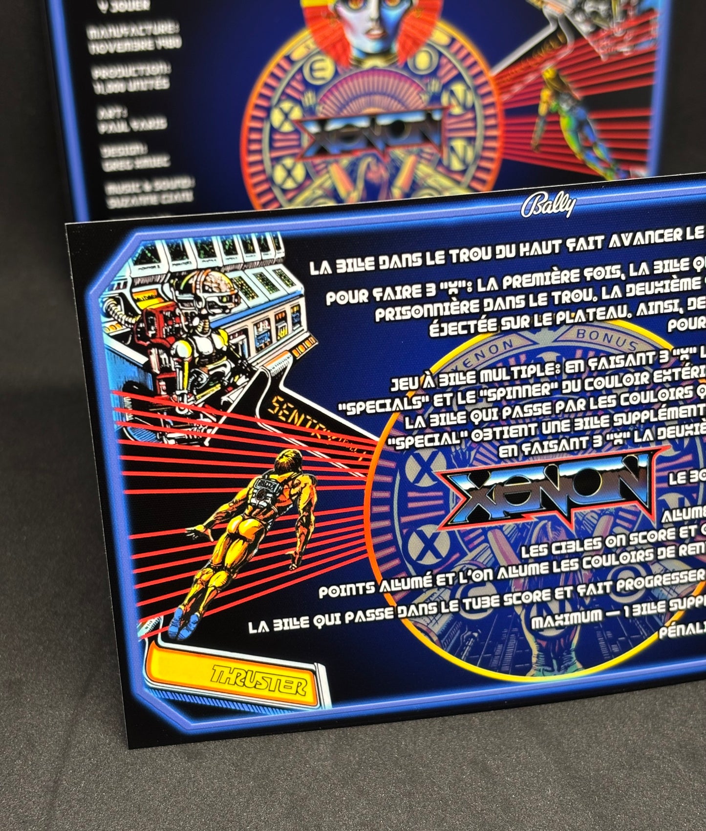 Bally XENON 1980 Jeu Cartes Instructions Flipper Custom Apron règles imprimées V2