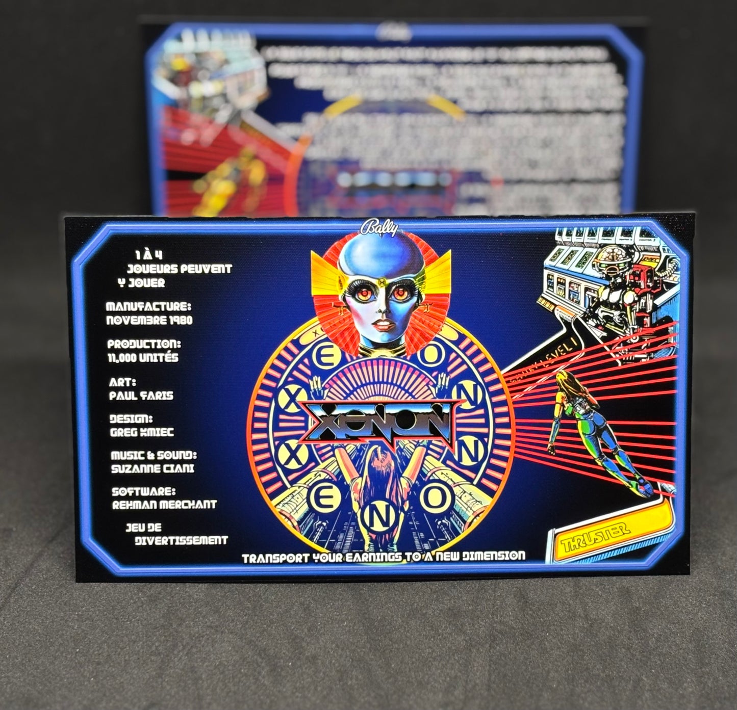 Bally XENON 1980 Jeu Cartes Instructions Flipper Custom Apron règles imprimées V2