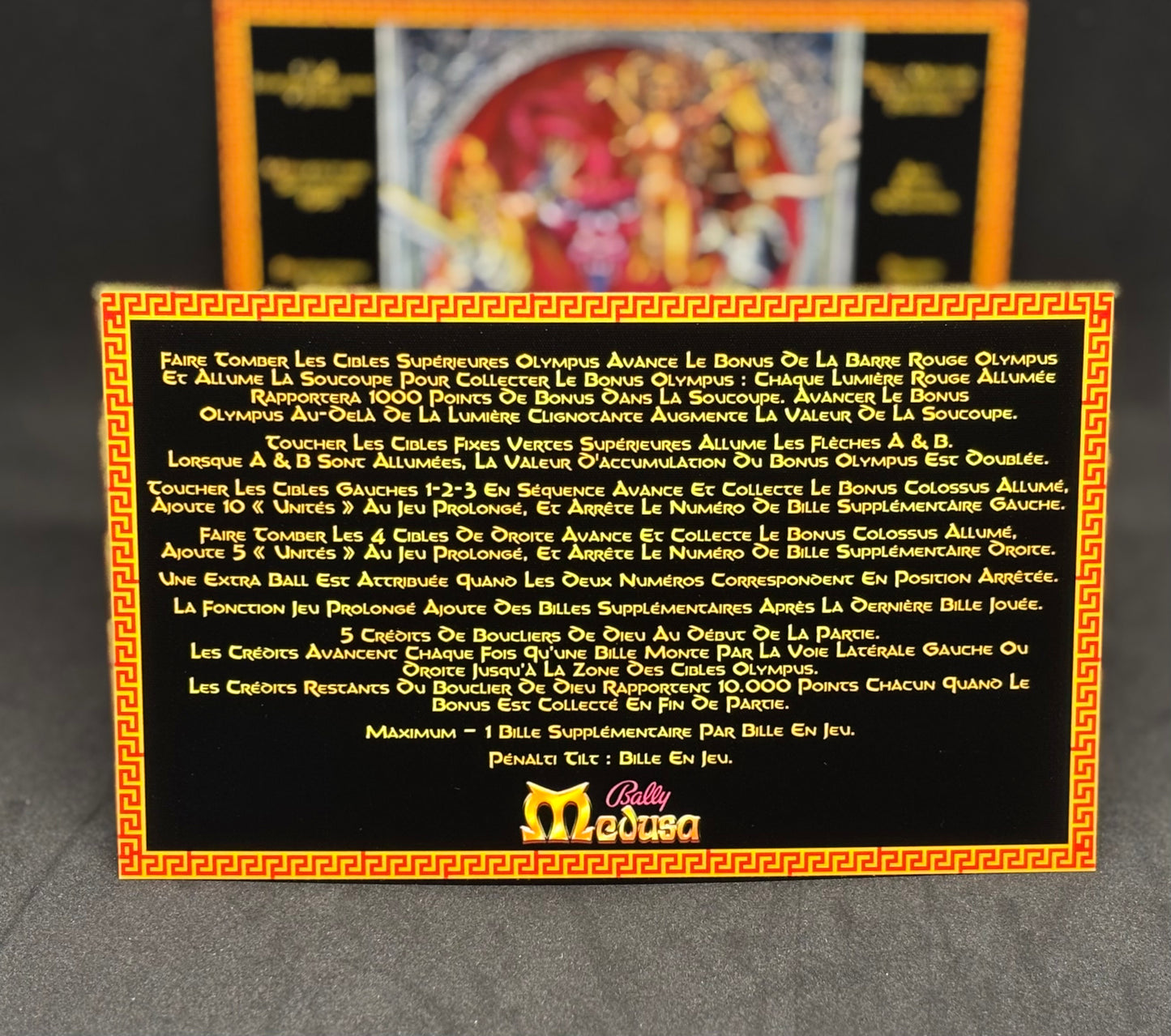 Bally MEDUSA 1981 Jeu Cartes Instructions Flipper Custom Apron règles imprimées