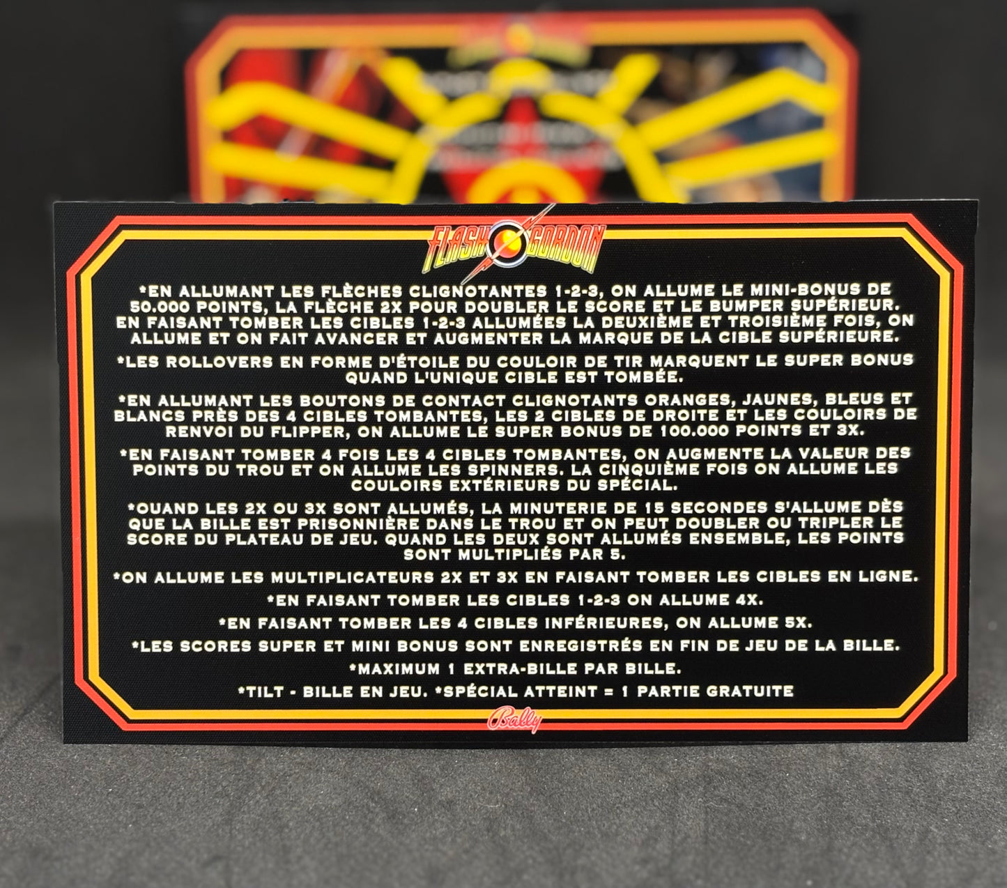 Instrucciones de las tarjetas del juego Bally Flash Gordon 1981, delantal personalizado de pinball, reglas impresas V1 M-1508-96-E