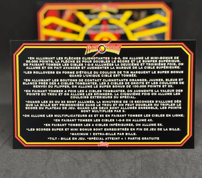 Instrucciones de las tarjetas del juego Bally Flash Gordon 1981, delantal personalizado de pinball, reglas impresas V1 M-1508-96-E