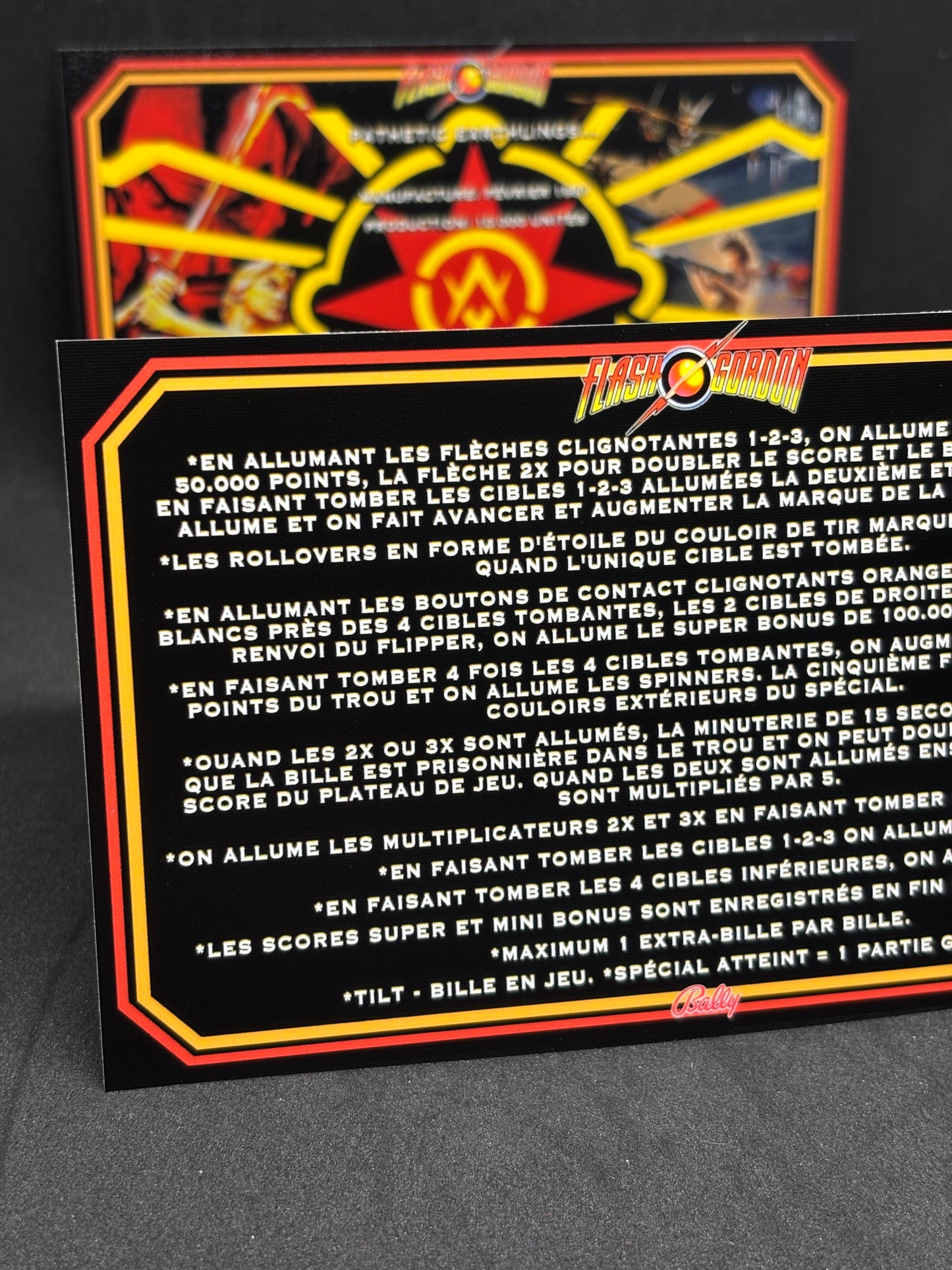 Instrucciones de las tarjetas del juego Bally Flash Gordon 1981, delantal personalizado de pinball, reglas impresas V1 M-1508-96-E