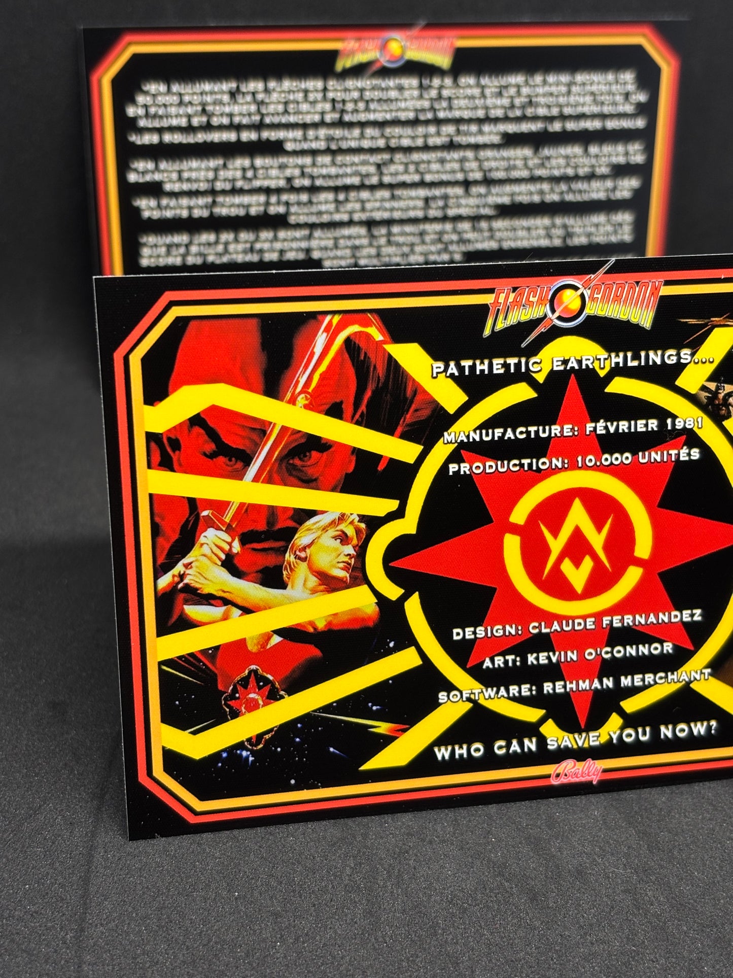 Instrucciones de las tarjetas del juego Bally Flash Gordon 1981, delantal personalizado de pinball, reglas impresas V1 M-1508-96-E