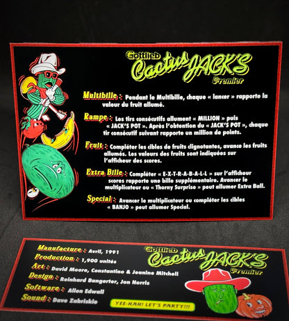 Instrucciones de las tarjetas de juego Gottlieb Cactus Jack de 1991. Delantal personalizado de pinball con reglas impresas V1.
