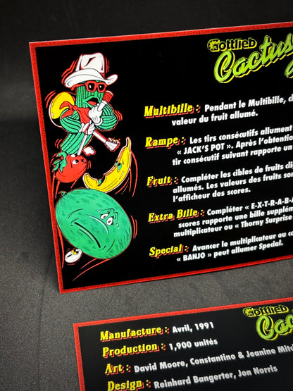 Instrucciones de las tarjetas de juego Gottlieb Cactus Jack de 1991. Delantal personalizado de pinball con reglas impresas V1.