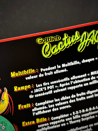 Instrucciones de las tarjetas de juego Gottlieb Cactus Jack de 1991. Delantal personalizado de pinball con reglas impresas V1.