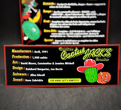 Instrucciones de las tarjetas de juego Gottlieb Cactus Jack de 1991. Delantal personalizado de pinball con reglas impresas V1.