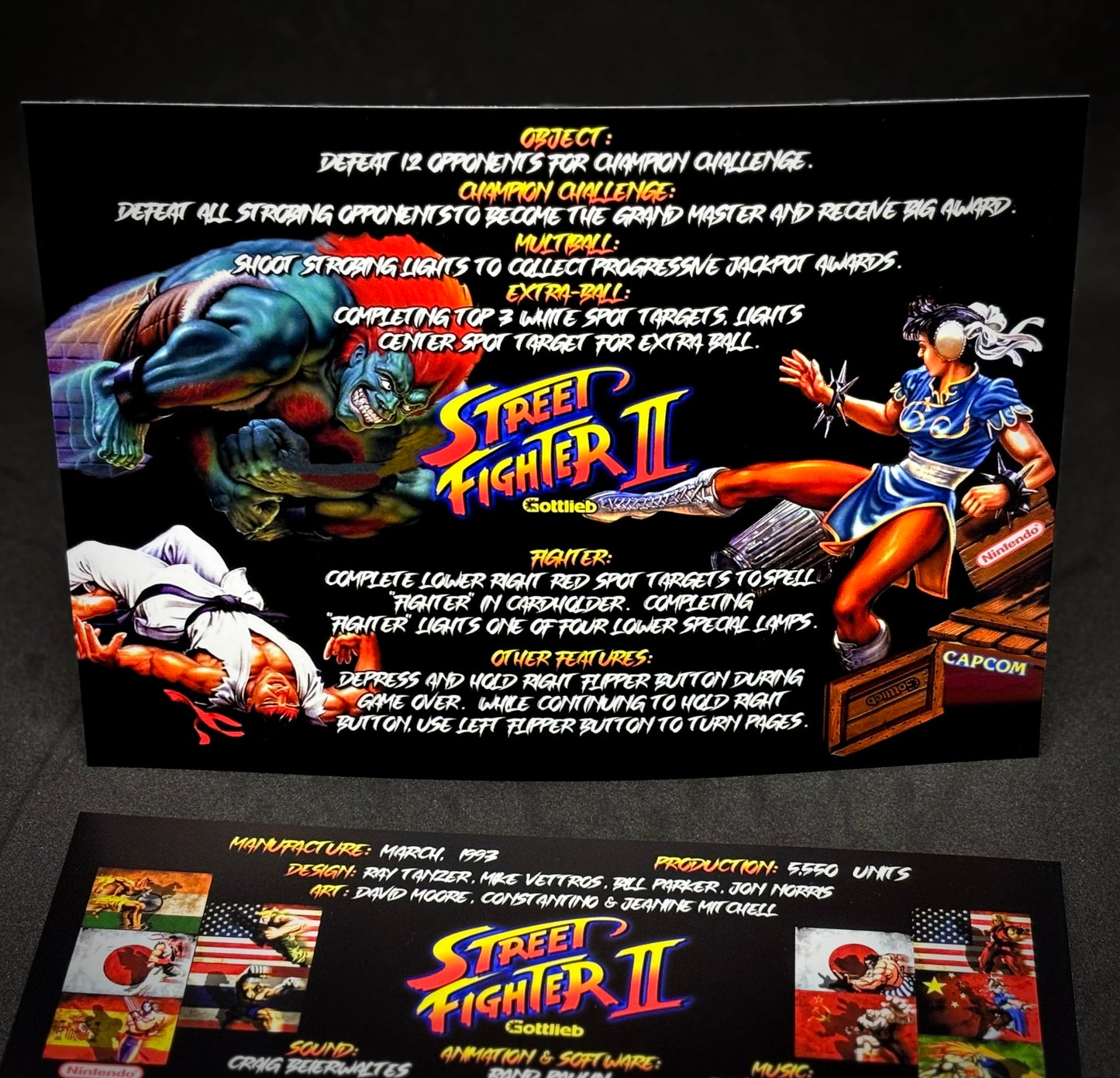 Gottlieb Street Fighter 1993 Versión Negra - Instrucciones de Tarjetas de Juego Pinball - Tarjetas de Pinball con Impresión Personalizada