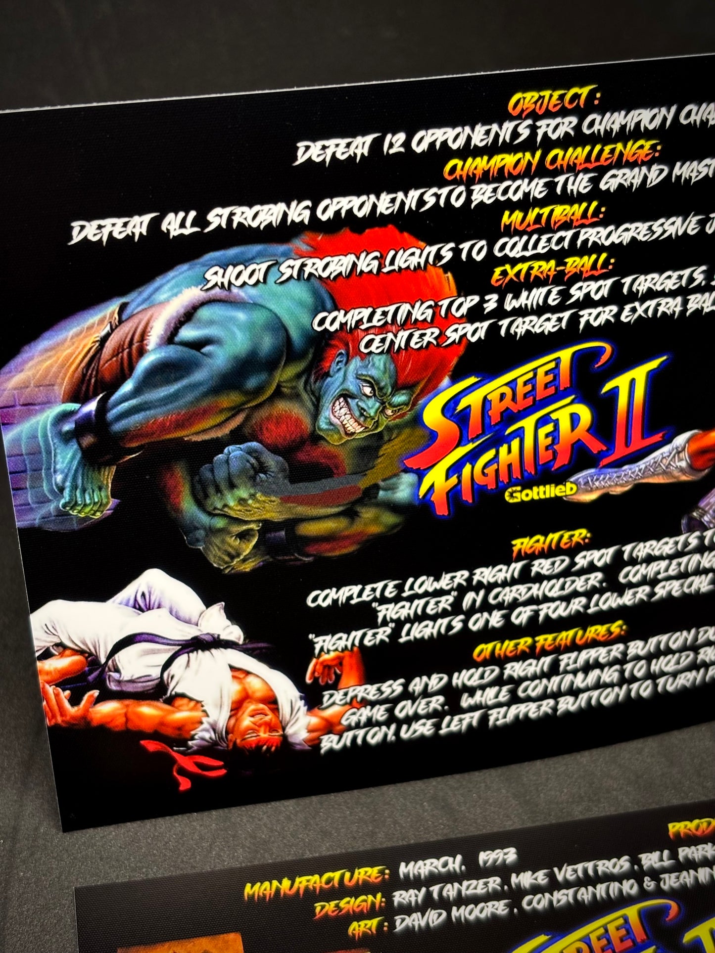Gottlieb Street Fighter 1993 Versión Negra - Instrucciones de Tarjetas de Juego Pinball - Tarjetas de Pinball con Impresión Personalizada
