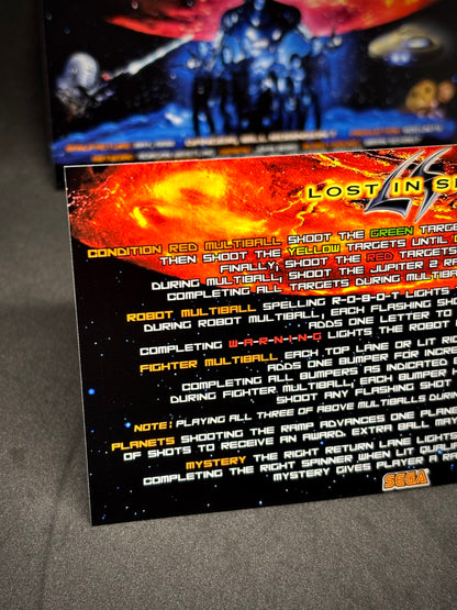Instrucciones de las tarjetas del juego SEGA Lost In Space 1998 Delantal personalizado de pinball con reglas impresas