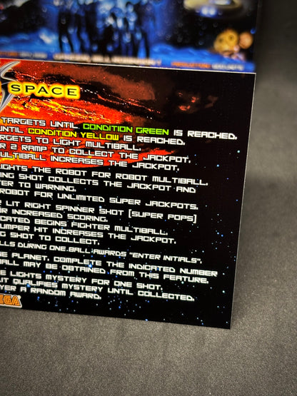 Instrucciones de las tarjetas del juego SEGA Lost In Space 1998 Delantal personalizado de pinball con reglas impresas