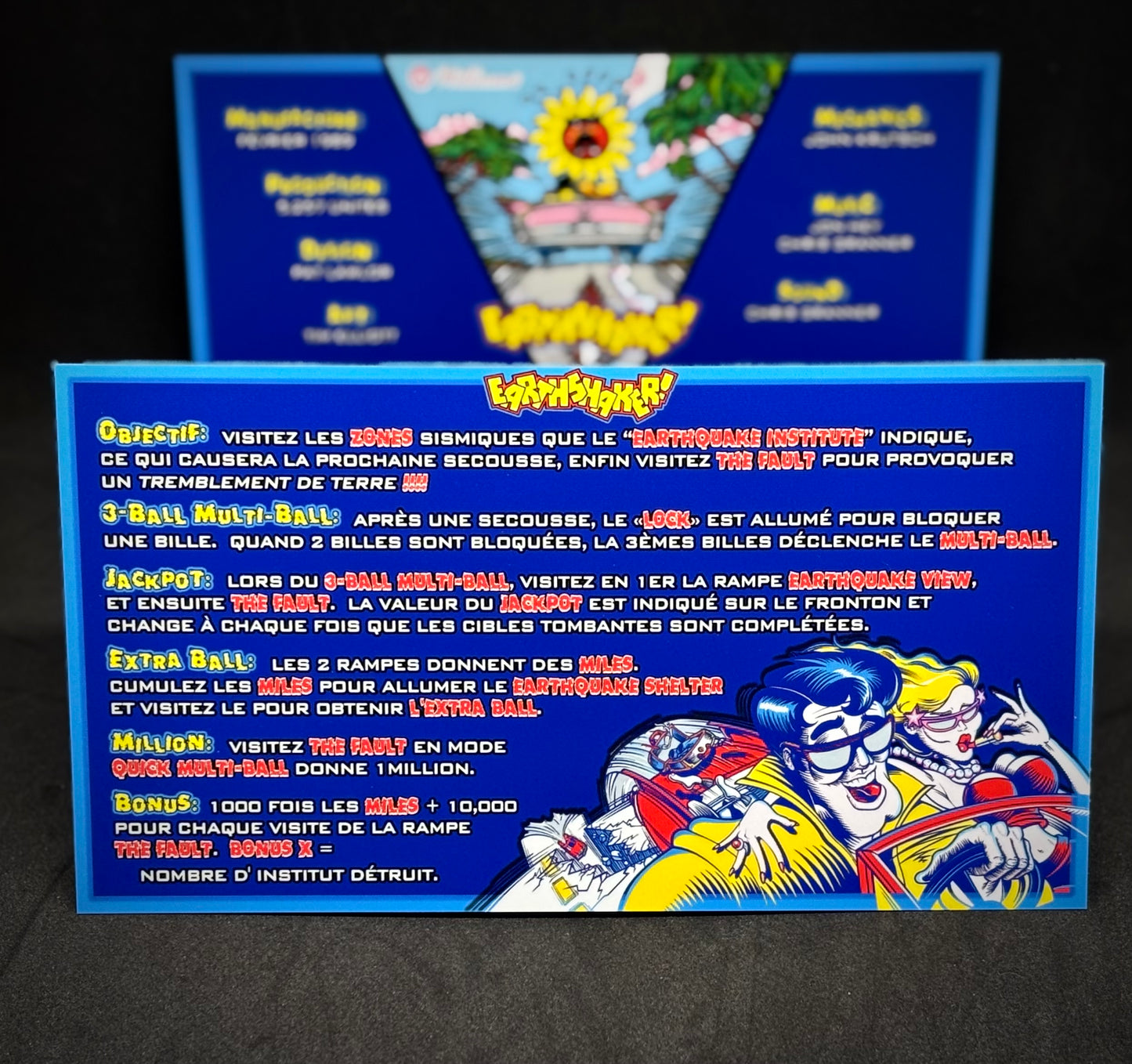 Instrucciones de las tarjetas del juego Williams Earthshaker 1989, delantal personalizado de pinball, reglas impresas