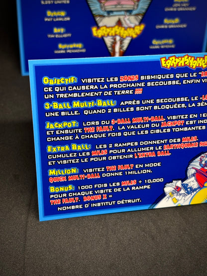 Instrucciones de las tarjetas del juego Williams Earthshaker 1989, delantal personalizado de pinball, reglas impresas