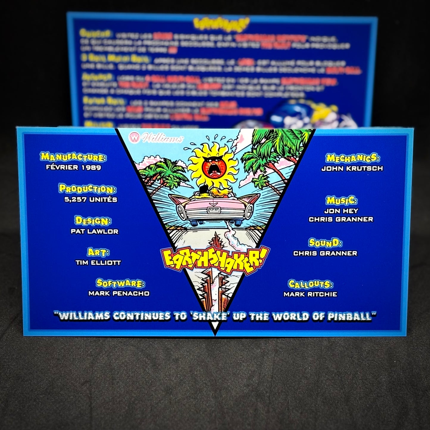 Instrucciones de las tarjetas del juego Williams Earthshaker 1989, delantal personalizado de pinball, reglas impresas