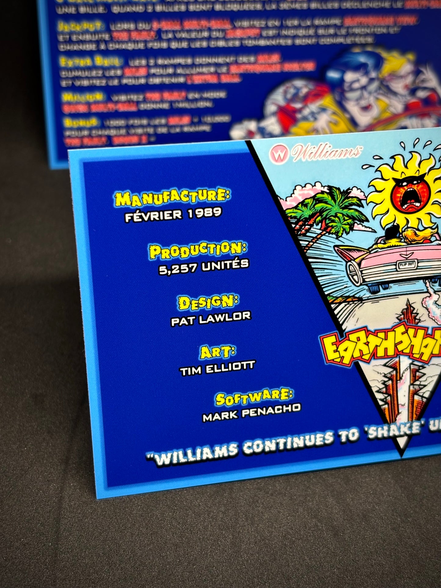 Instrucciones de las tarjetas del juego Williams Earthshaker 1989, delantal personalizado de pinball, reglas impresas