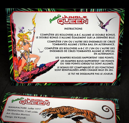 Instrucciones de las tarjetas del juego Gottlieb Jungle Queen 1977, reglas impresas del delantal personalizado de pinball