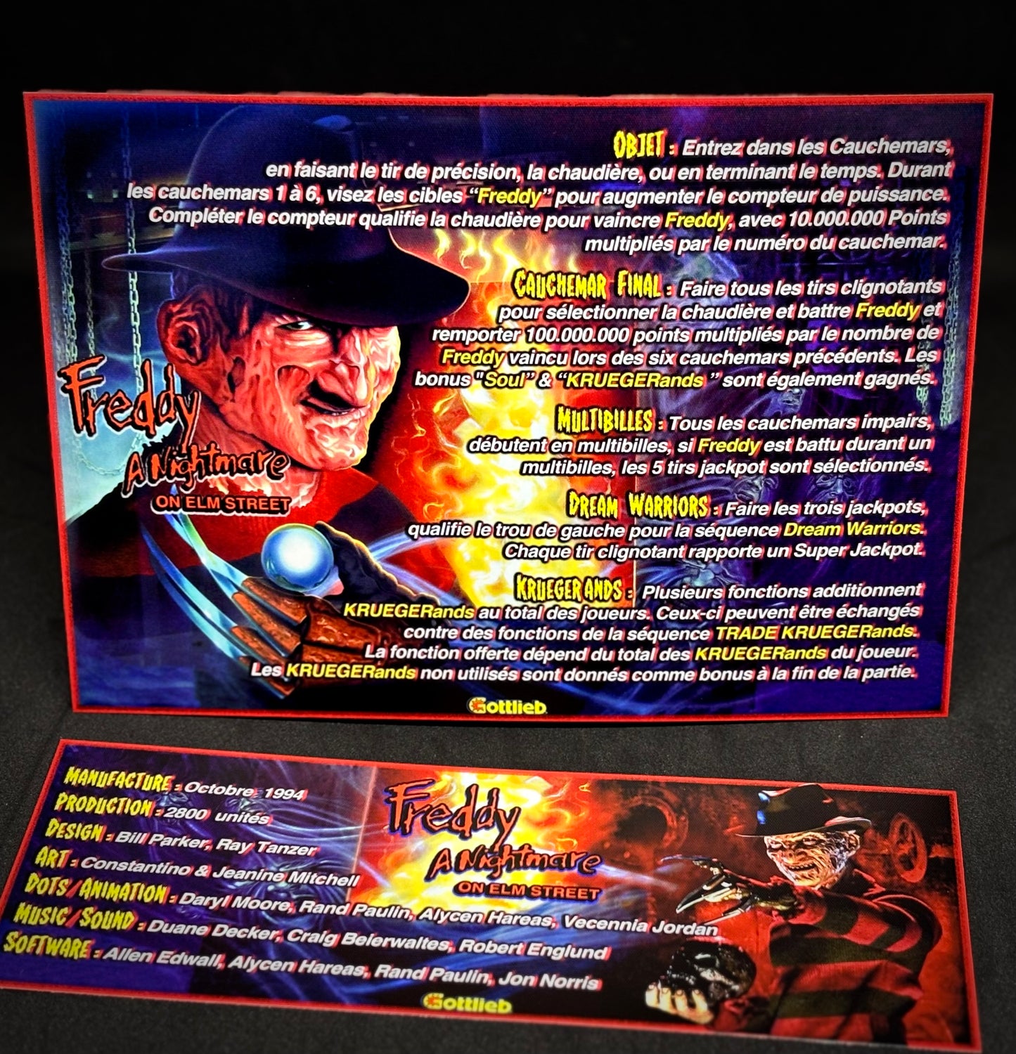 Gottlieb FREDDY A Nightmare On Elm Street 1994 Jeu Cartes Instructions Flipper Custom Apron règles imprimées