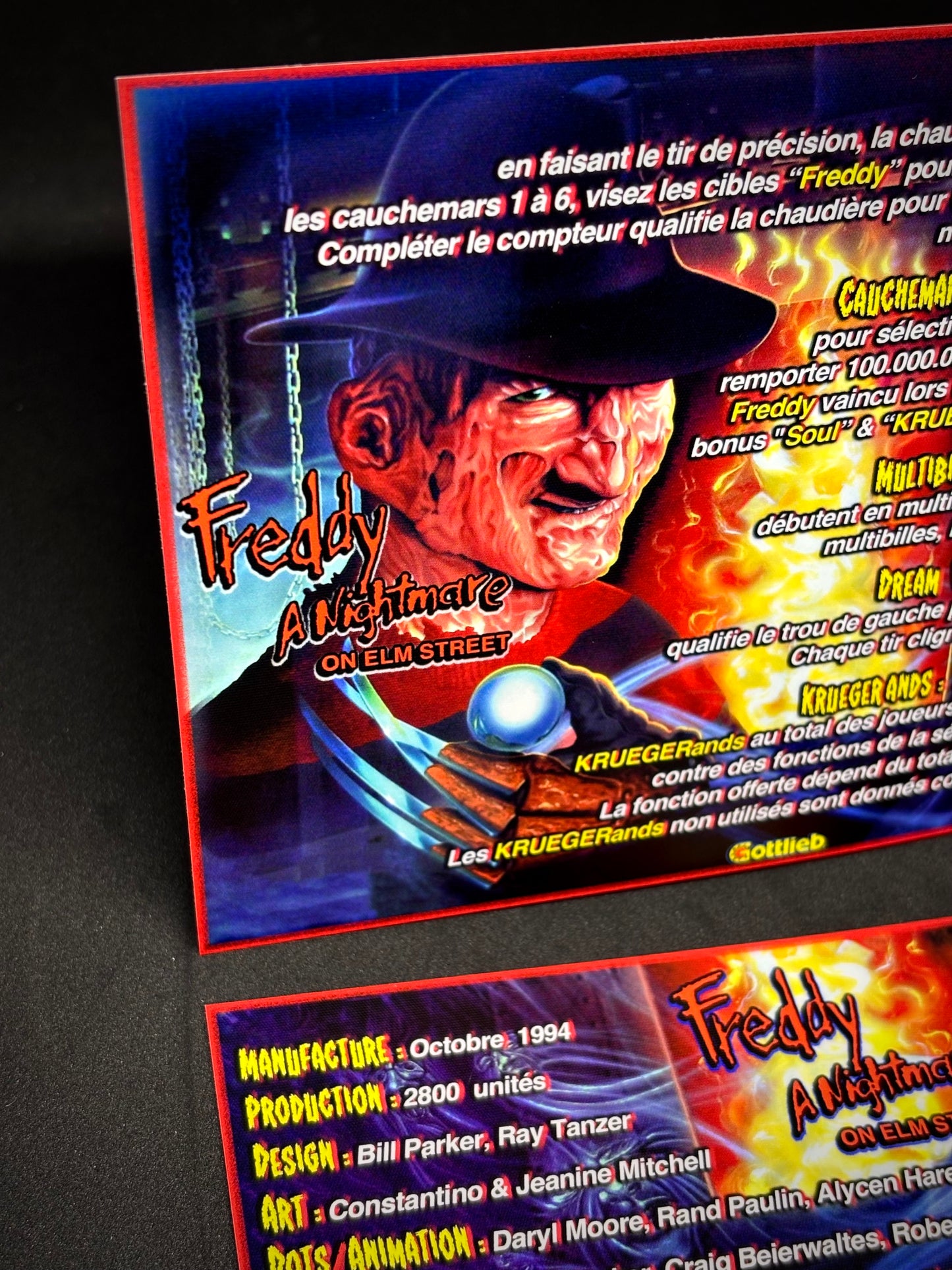 Gottlieb FREDDY A Nightmare On Elm Street 1994 Jeu Cartes Instructions Flipper Custom Apron règles imprimées