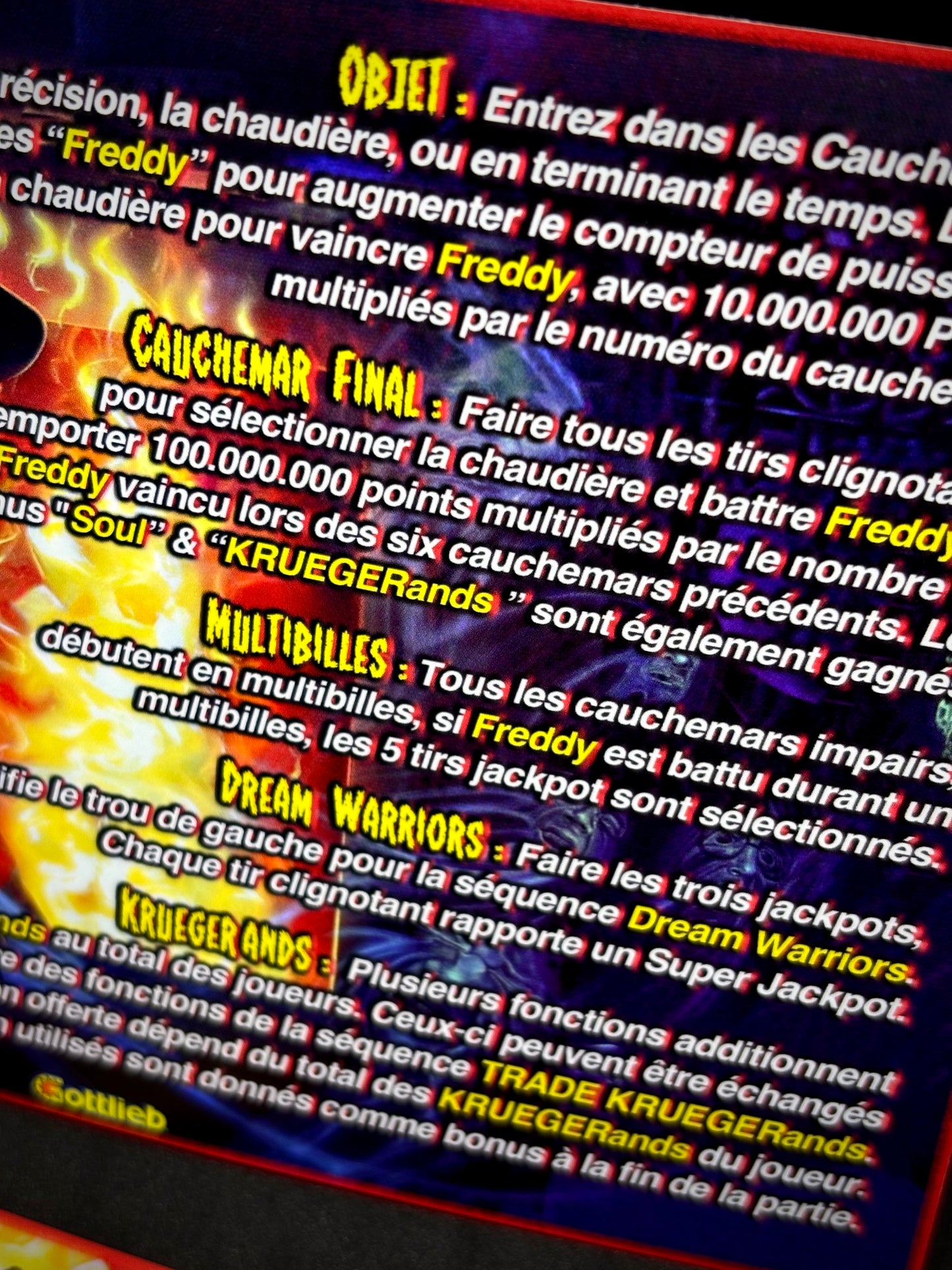 Gottlieb FREDDY A Nightmare On Elm Street 1994 Jeu Cartes Instructions Flipper Custom Apron règles imprimées