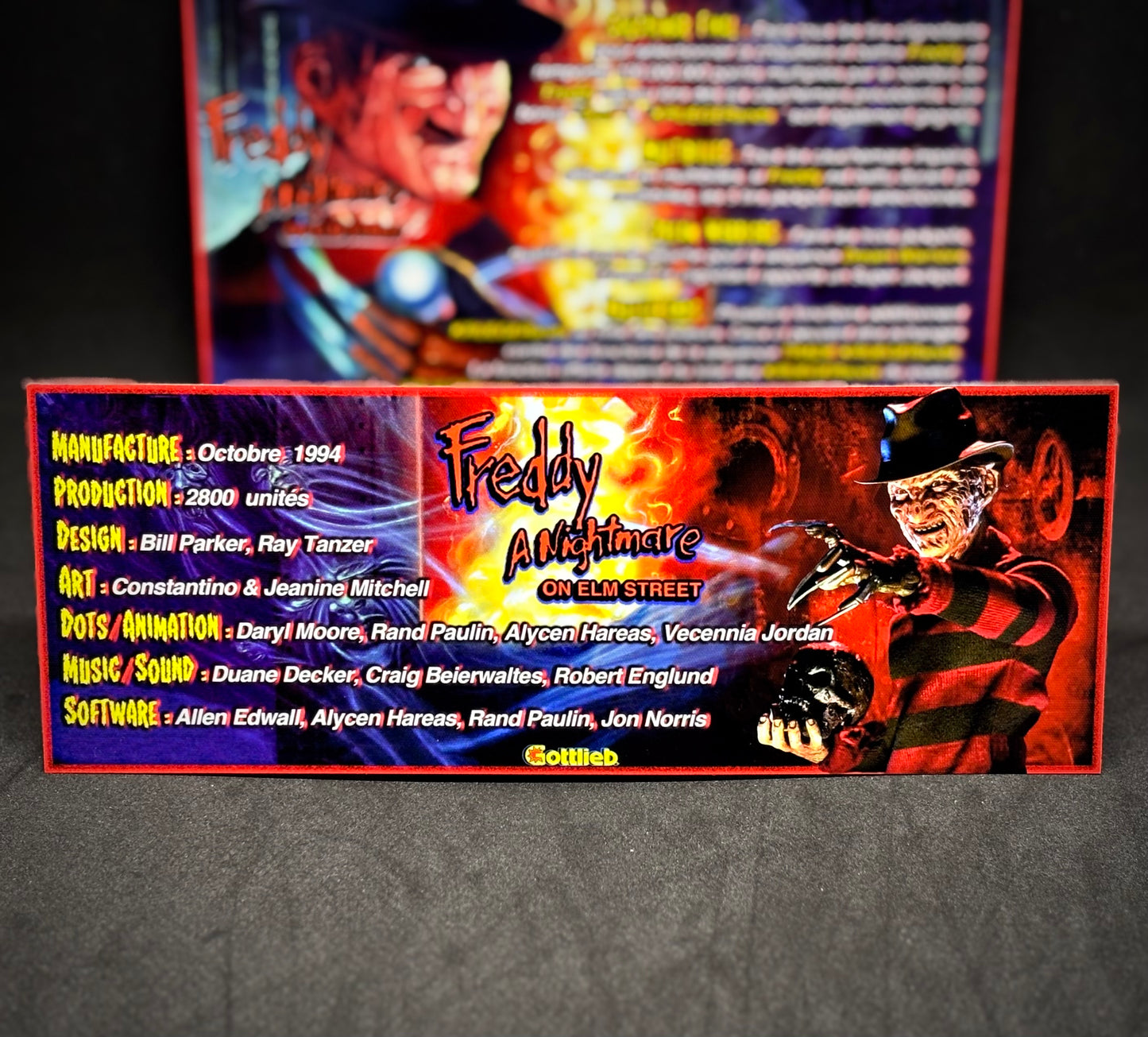 Gottlieb FREDDY A Nightmare On Elm Street 1994 Jeu Cartes Instructions Flipper Custom Apron règles imprimées