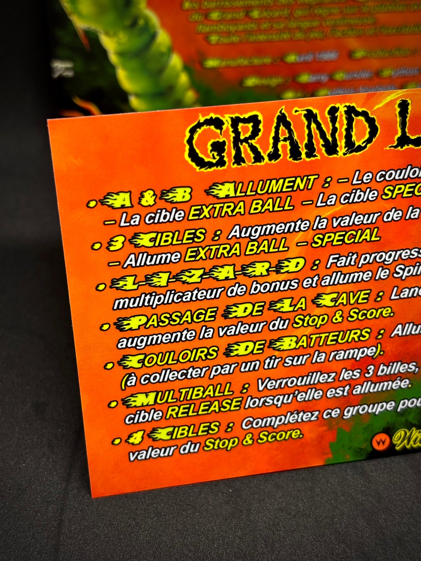 Williams GRAND LIZARD 1986 Jeu Cartes Instructions Flipper Custom Apron règles imprimées