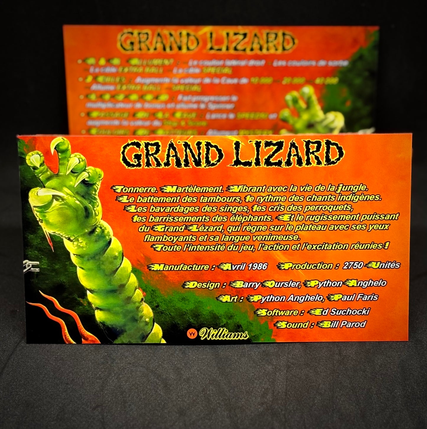 Williams GRAND LIZARD 1986 Jeu Cartes Instructions Flipper Custom Apron règles imprimées