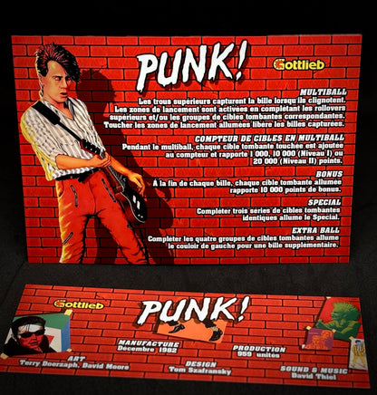 Instrucciones de las tarjetas del juego Gottlieb PUNK 1982 Delantal personalizado de pinball con reglas impresas