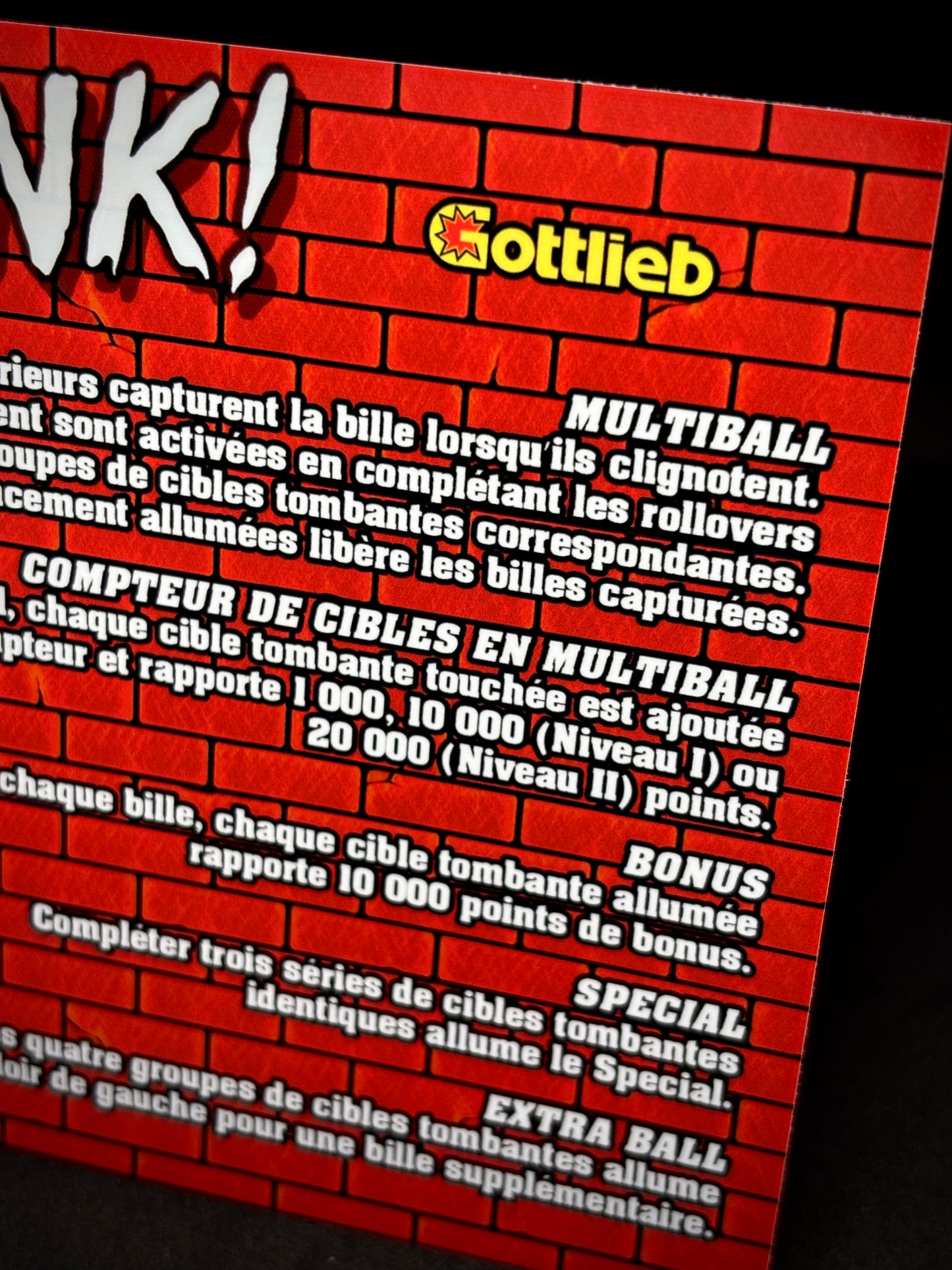 Gottlieb PUNK 1982 Game Cards Instructions Pinball Custom Apron printed rules