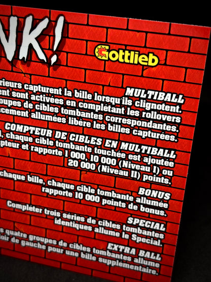 Instrucciones de las tarjetas del juego Gottlieb PUNK 1982 Delantal personalizado de pinball con reglas impresas