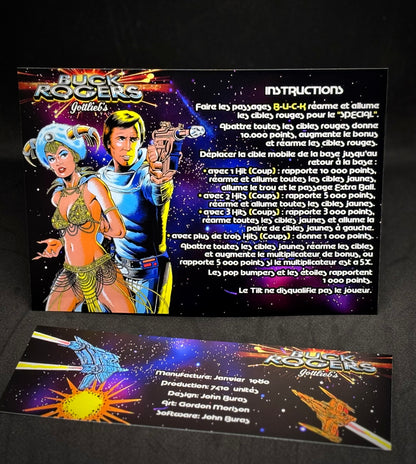 Instrucciones de las tarjetas de juego Gottlieb BUCK ROGERS 1980 Pinball Delantal personalizado reglas impresas
