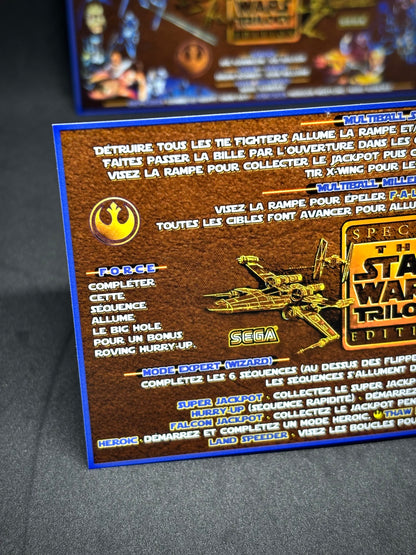 Instrucciones de las tarjetas del juego SEGA Star Wars Trilogy 1997 Delantal personalizado de pinball con reglas impresas