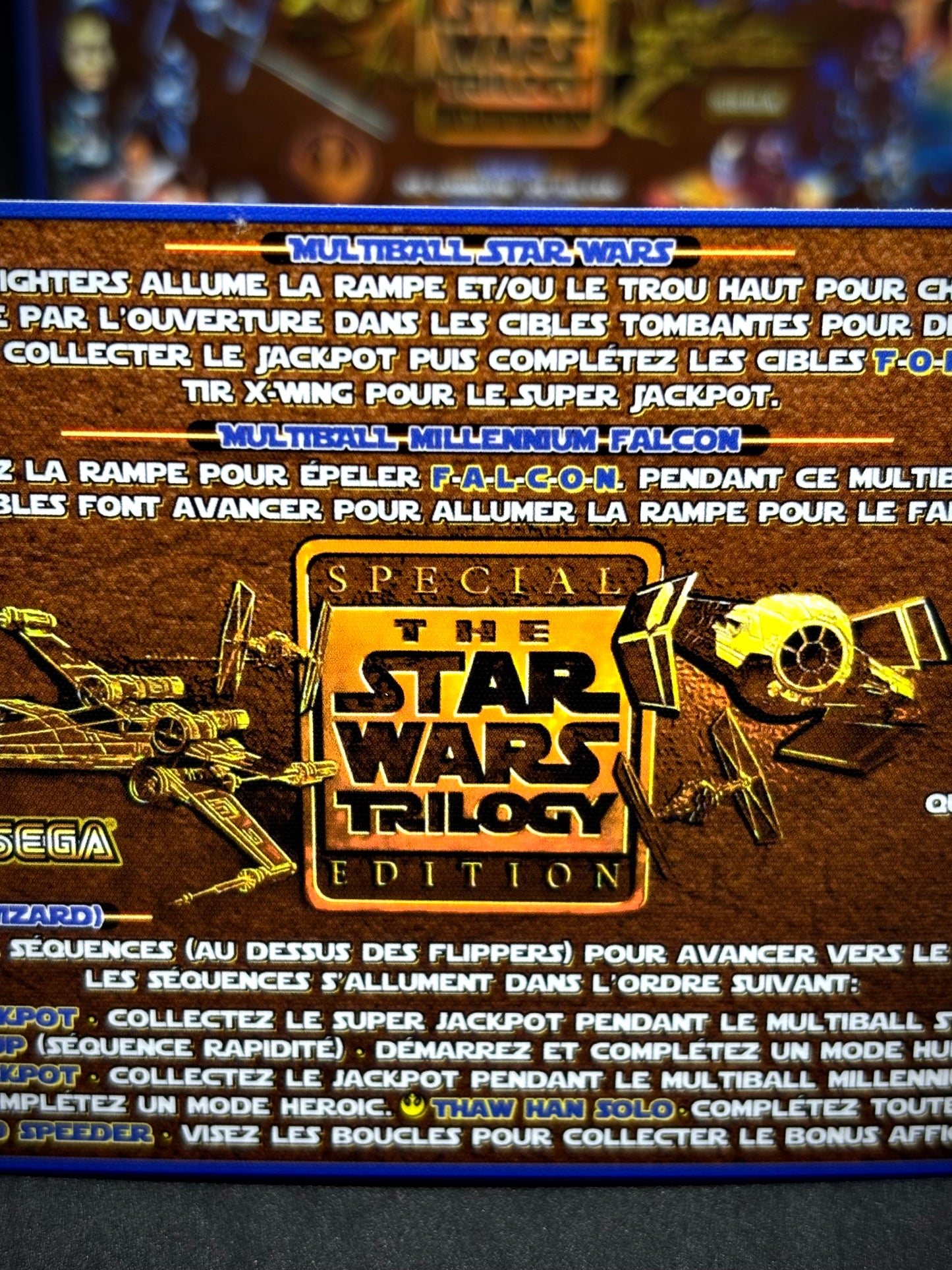 Instrucciones de las tarjetas del juego SEGA Star Wars Trilogy 1997 Delantal personalizado de pinball con reglas impresas