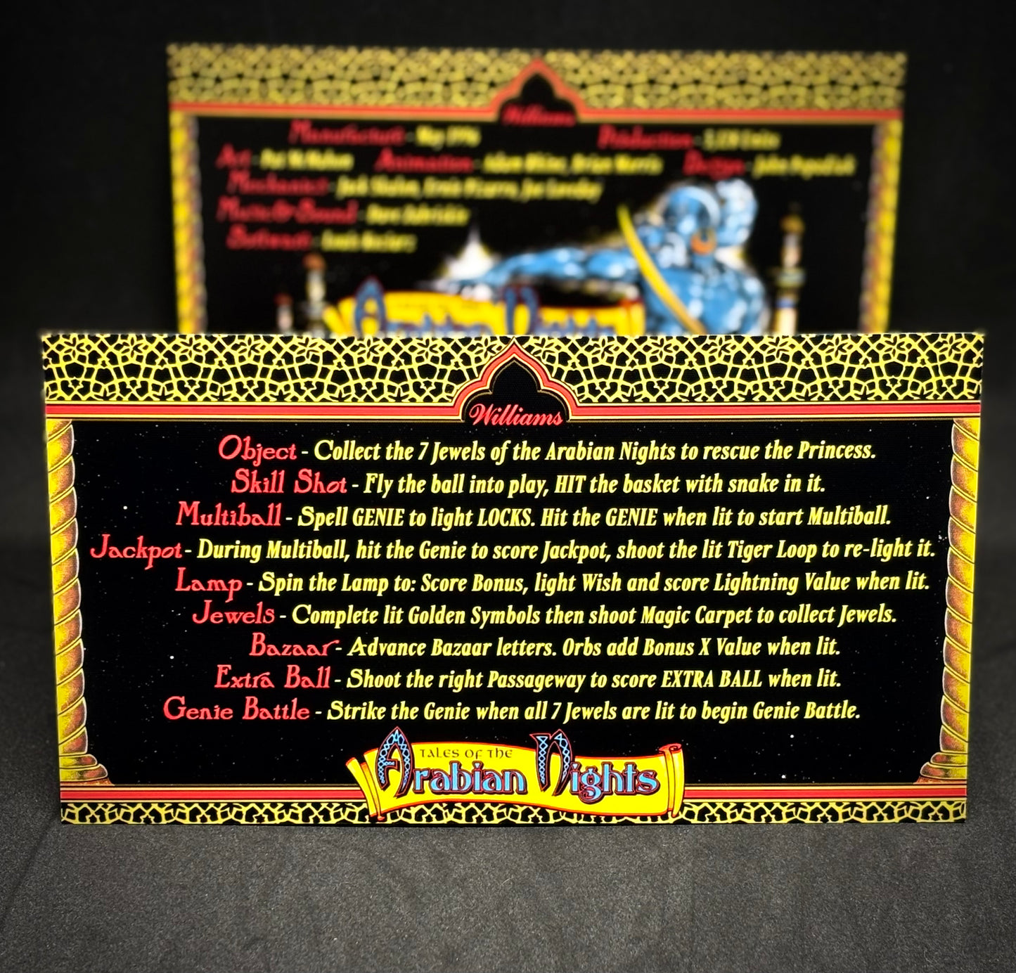 Instrucciones de las tarjetas del juego Williams Tales Of The Arabian Nights 1996, reglas impresas del delantal personalizado de pinball