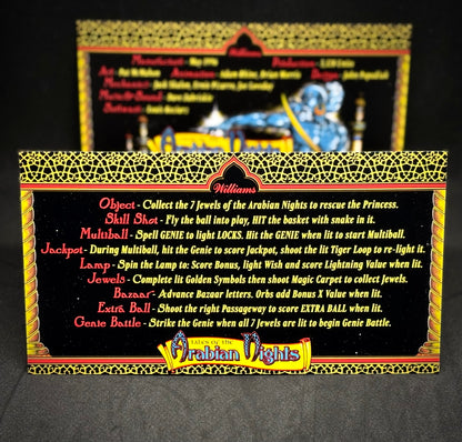 Instrucciones de las tarjetas del juego Williams Tales Of The Arabian Nights 1996, reglas impresas del delantal personalizado de pinball