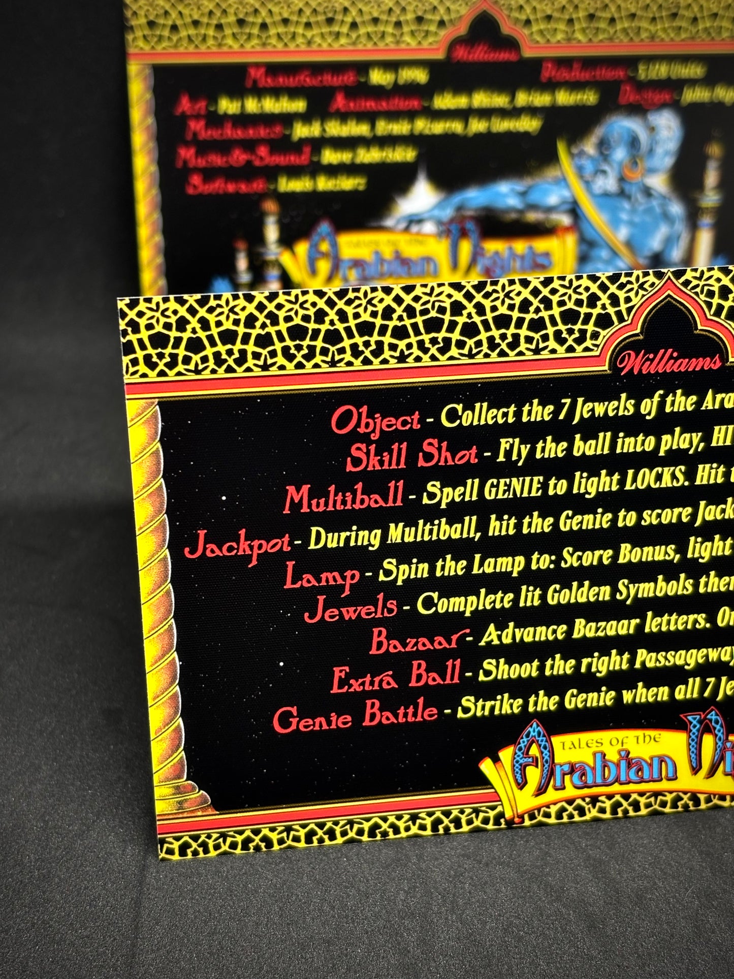 Instrucciones de las tarjetas del juego Williams Tales Of The Arabian Nights 1996, reglas impresas del delantal personalizado de pinball