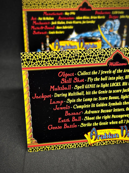 Instrucciones de las tarjetas del juego Williams Tales Of The Arabian Nights 1996, reglas impresas del delantal personalizado de pinball