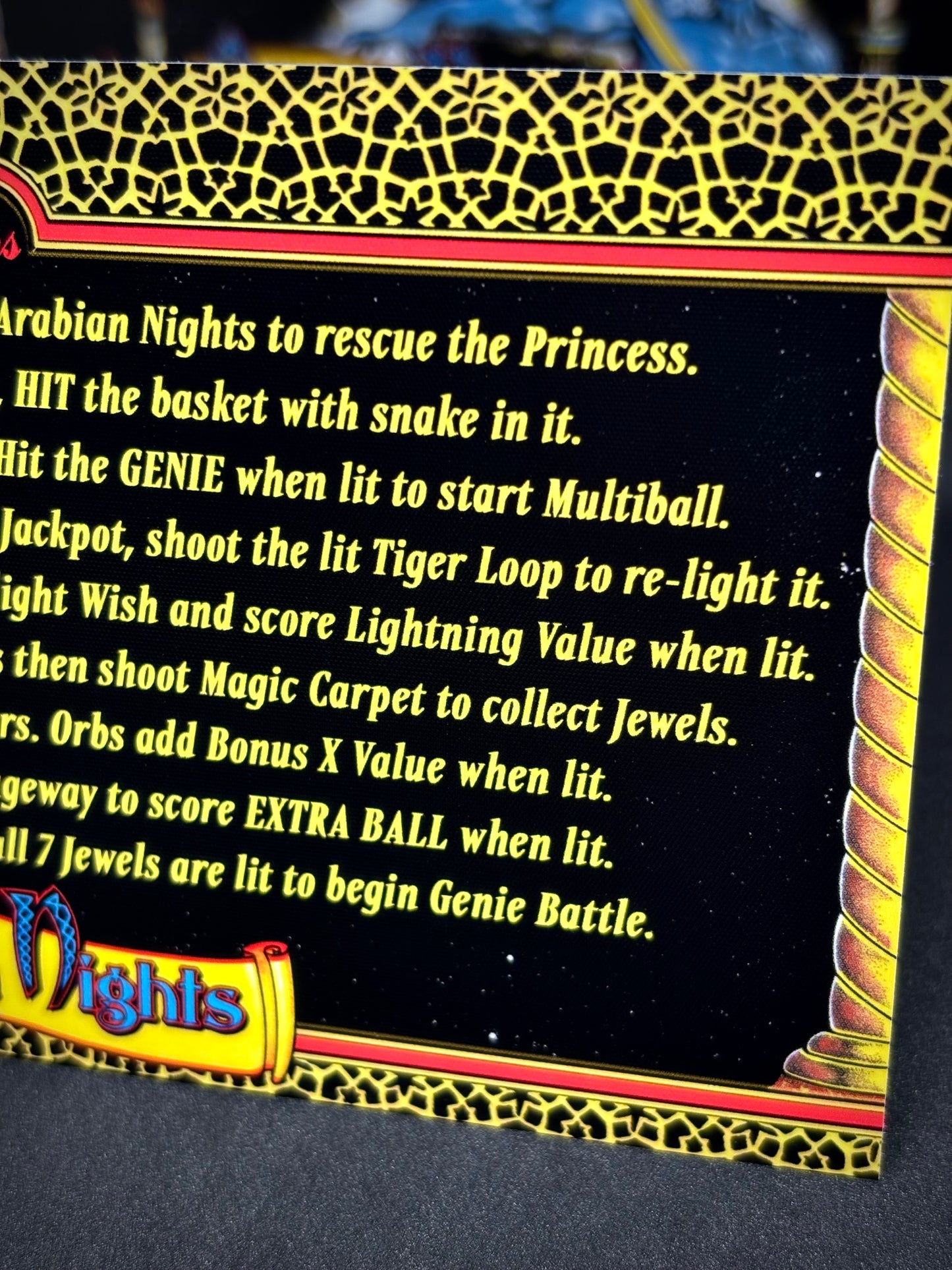 Instrucciones de las tarjetas del juego Williams Tales Of The Arabian Nights 1996, reglas impresas del delantal personalizado de pinball