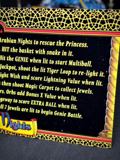 Instrucciones de las tarjetas del juego Williams Tales Of The Arabian Nights 1996, reglas impresas del delantal personalizado de pinball