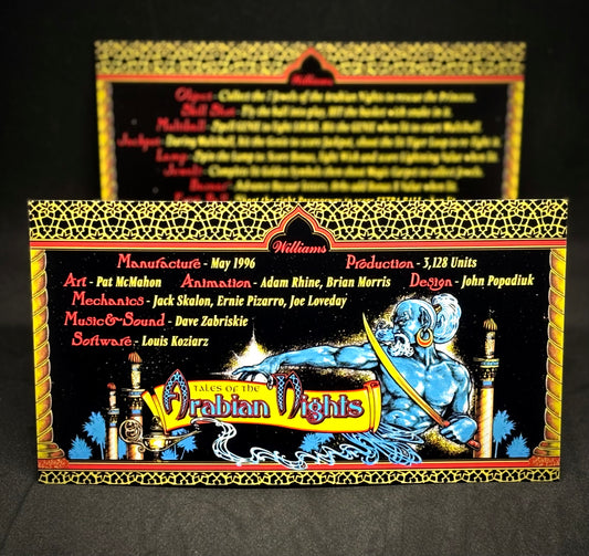 Instrucciones de las tarjetas del juego Williams Tales Of The Arabian Nights 1996, reglas impresas del delantal personalizado de pinball
